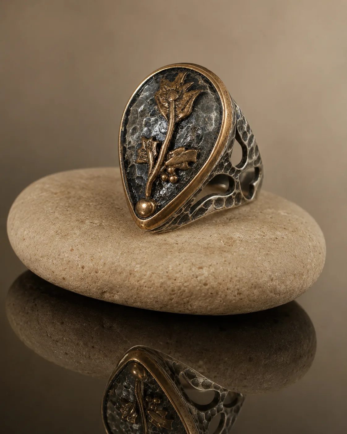 Bronze Tulip Teardrop Ring in Hammered Silver — Rings — Image 1