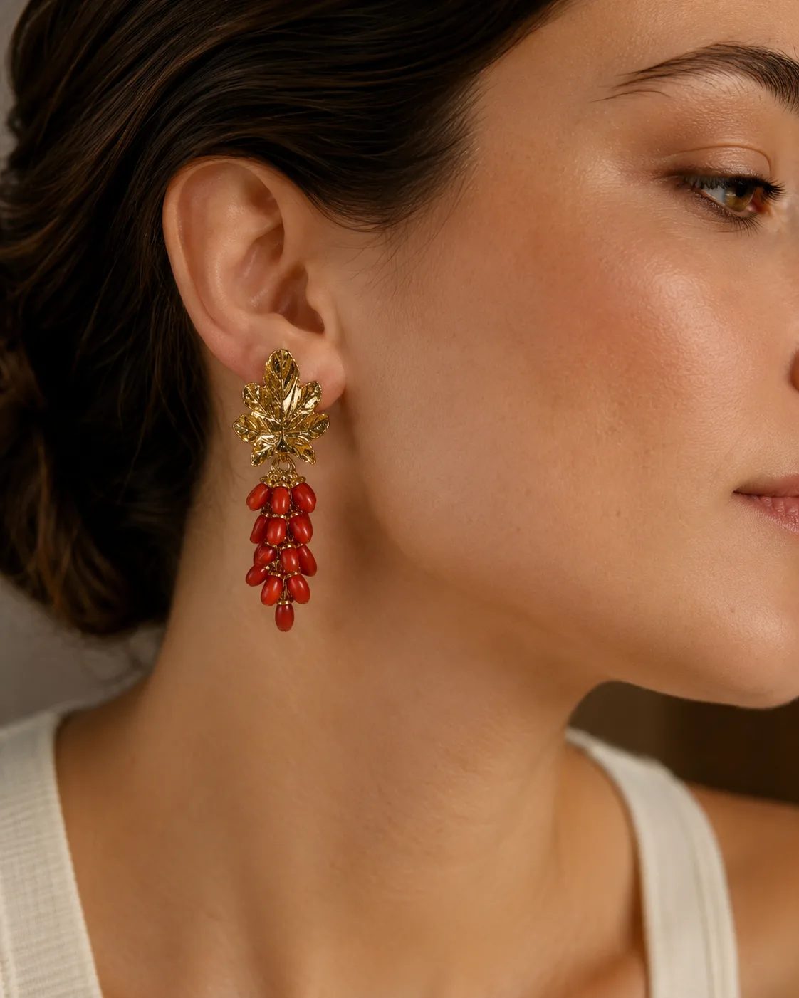 Coral Grape Cluster Brass Earrings