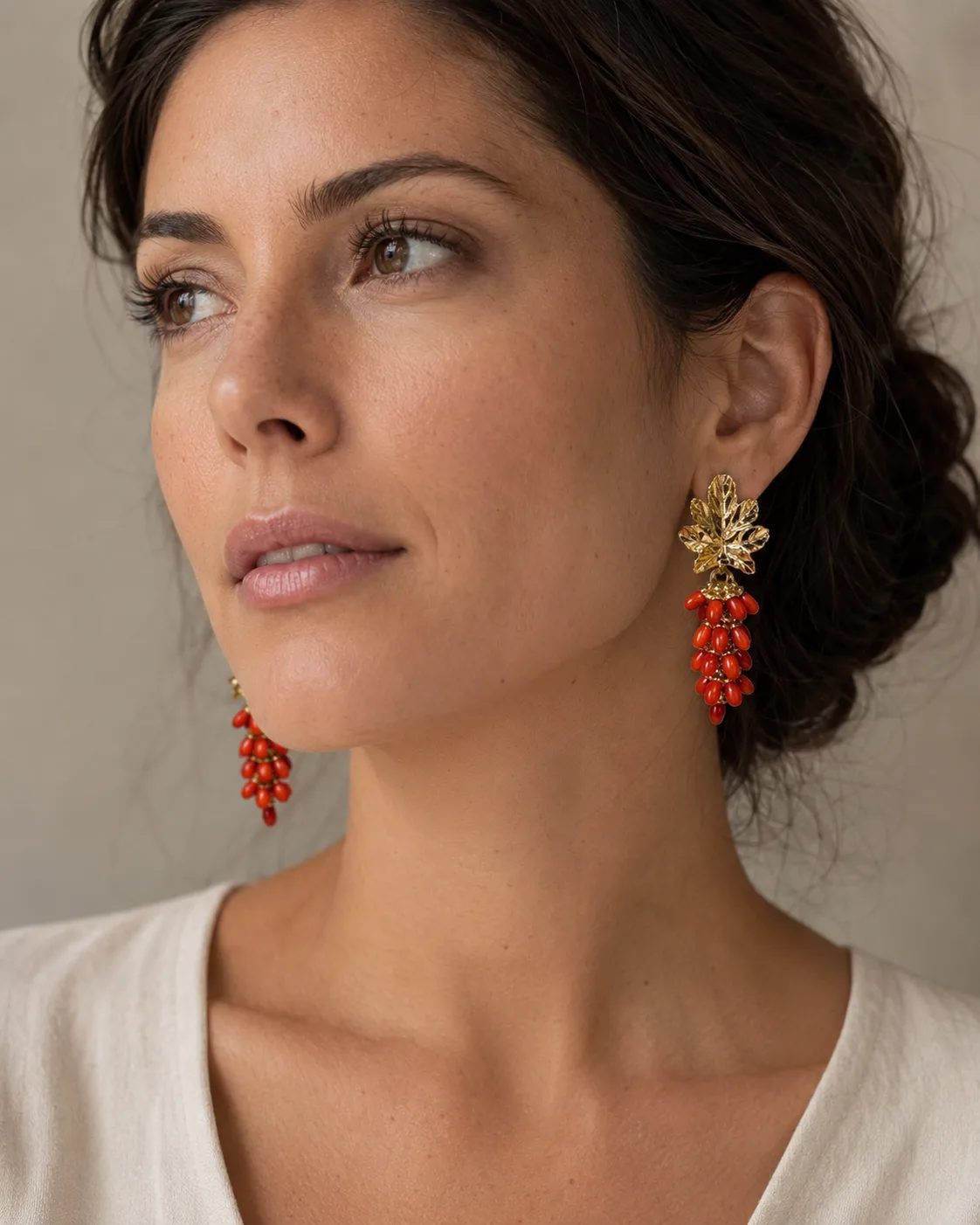 Coral Grape Cluster Brass Earrings