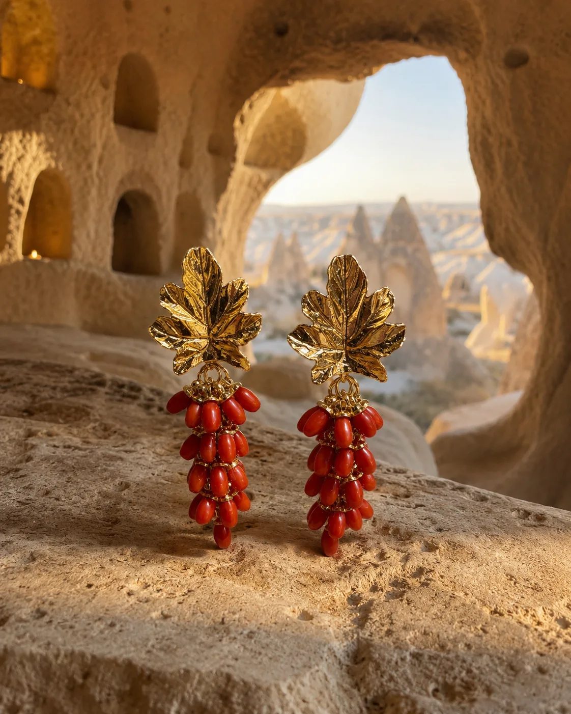 Coral Grape Cluster Brass Earrings