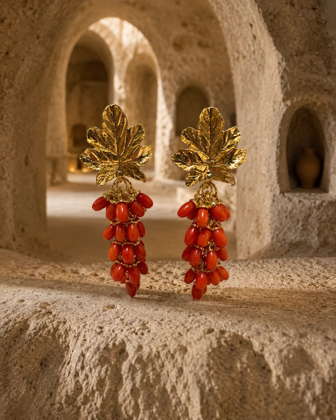 Coral Grape Cluster Brass Earrings
