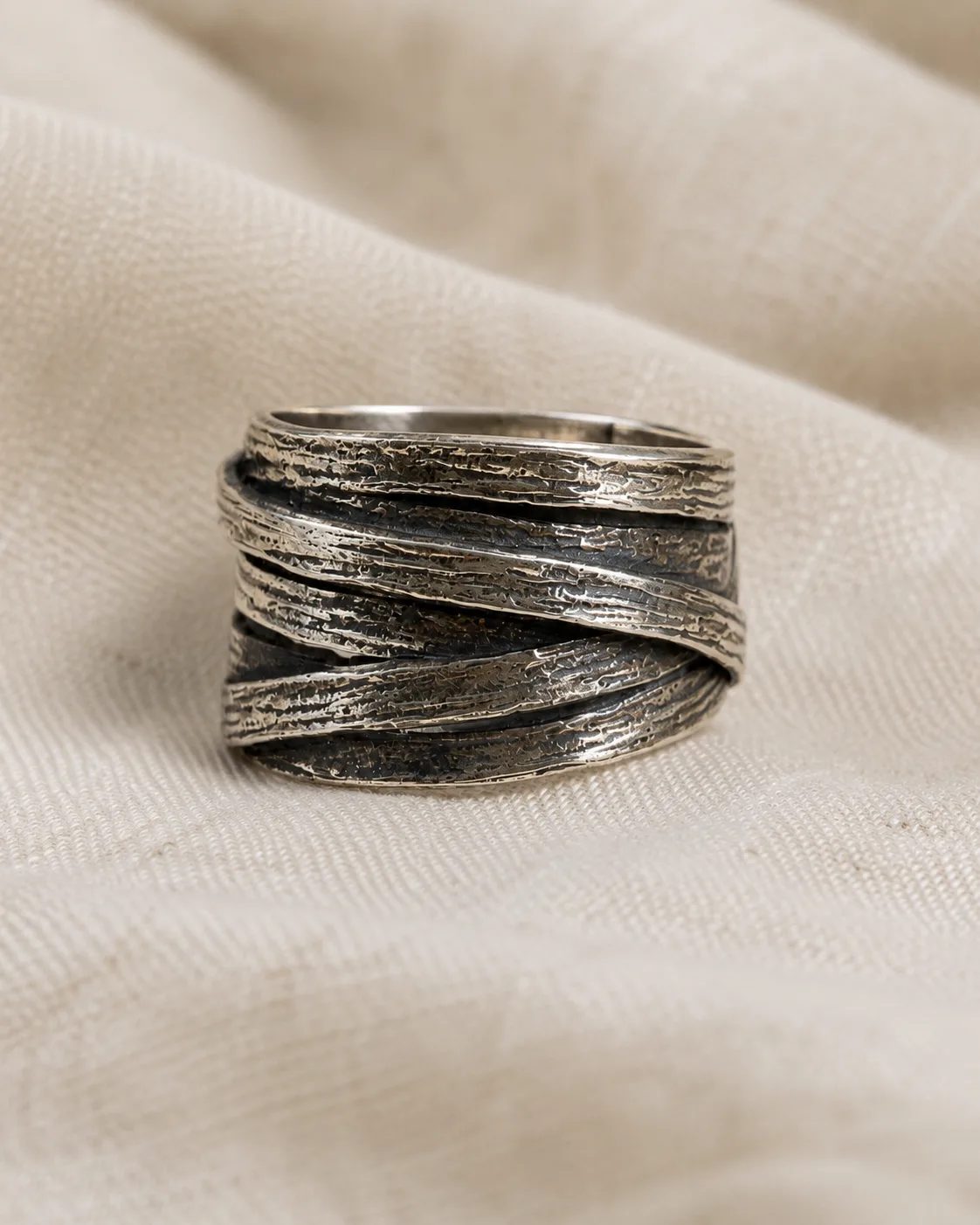 Bark-Textured Wide Silver Wrap Ring