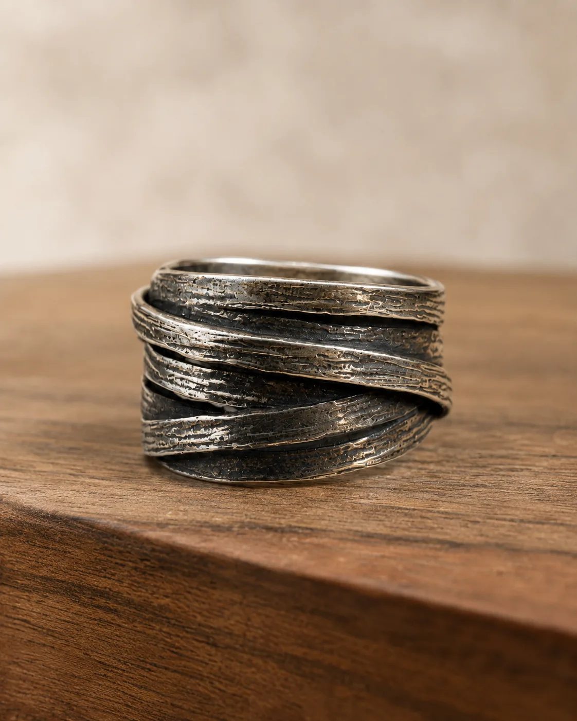 Bark-Textured Wide Silver Wrap Ring