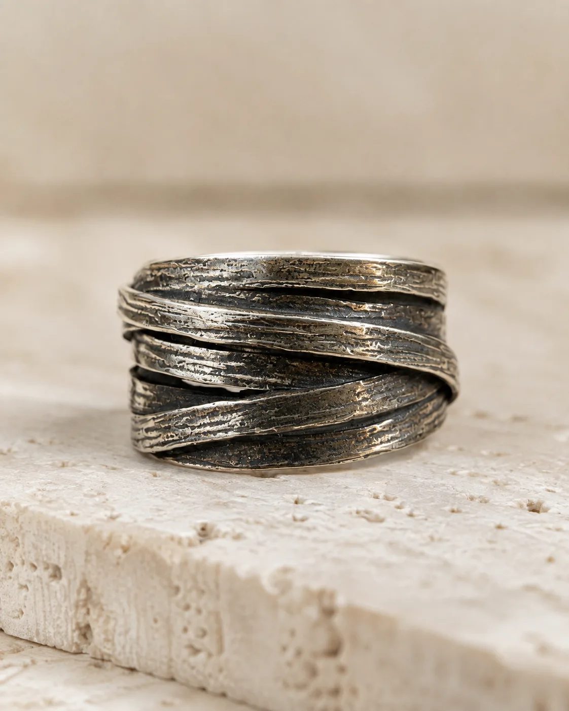 Bark-Textured Wide Silver Wrap Ring