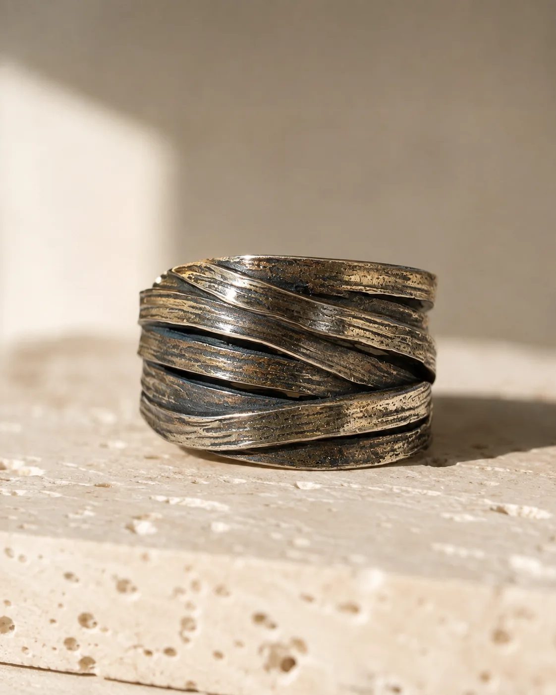 Bark-Textured Wide Silver Wrap Ring