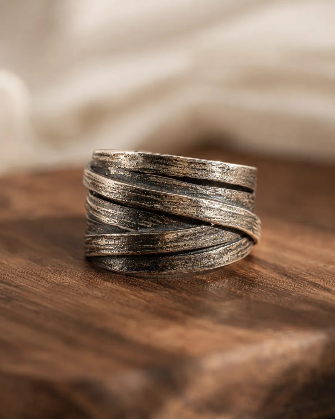 Bark-Textured Wide Silver Wrap Ring