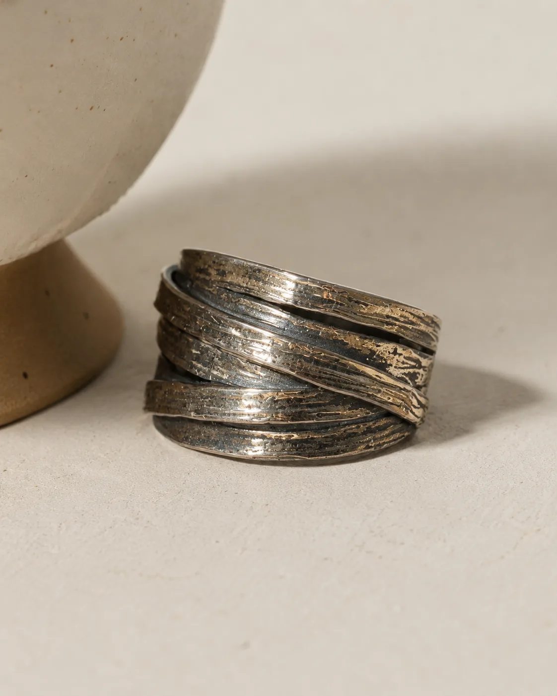 Bark-Textured Wide Silver Wrap Ring