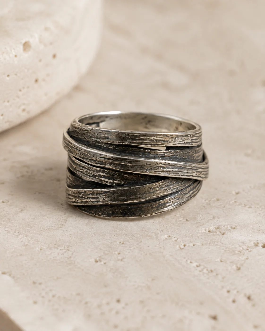Bark-Textured Wide Silver Wrap Ring