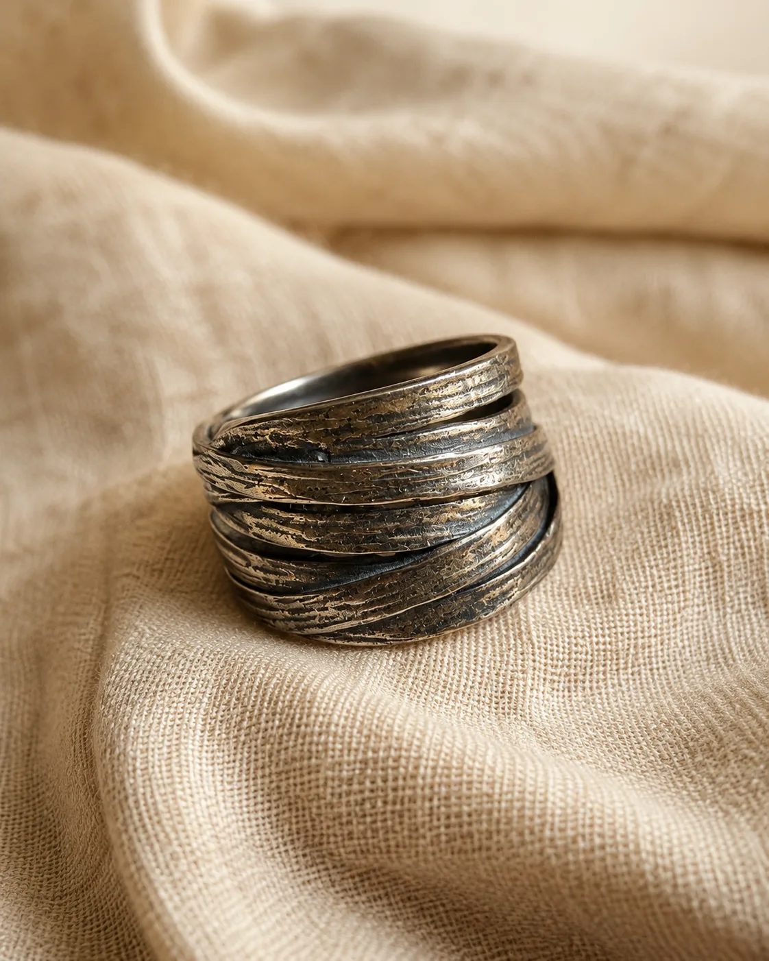 Bark-Textured Wide Silver Wrap Ring — Rings — Image 1