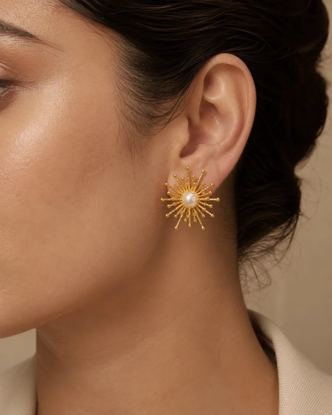 Pearl Sunburst Brass Statement Earrings