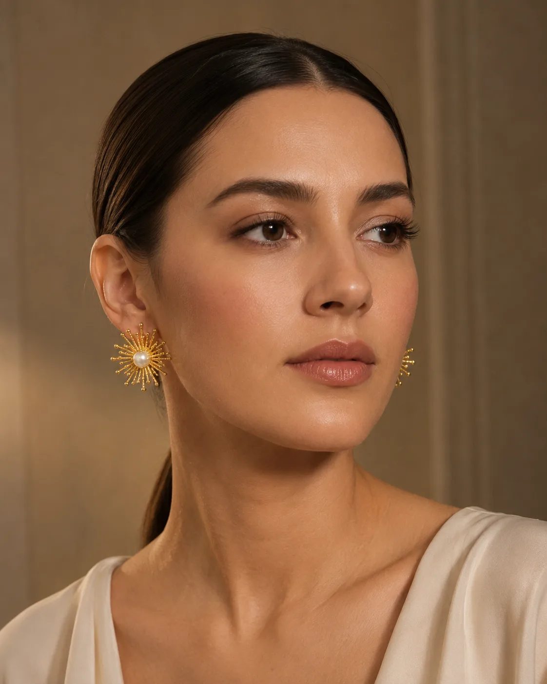Pearl Sunburst Brass Statement Earrings