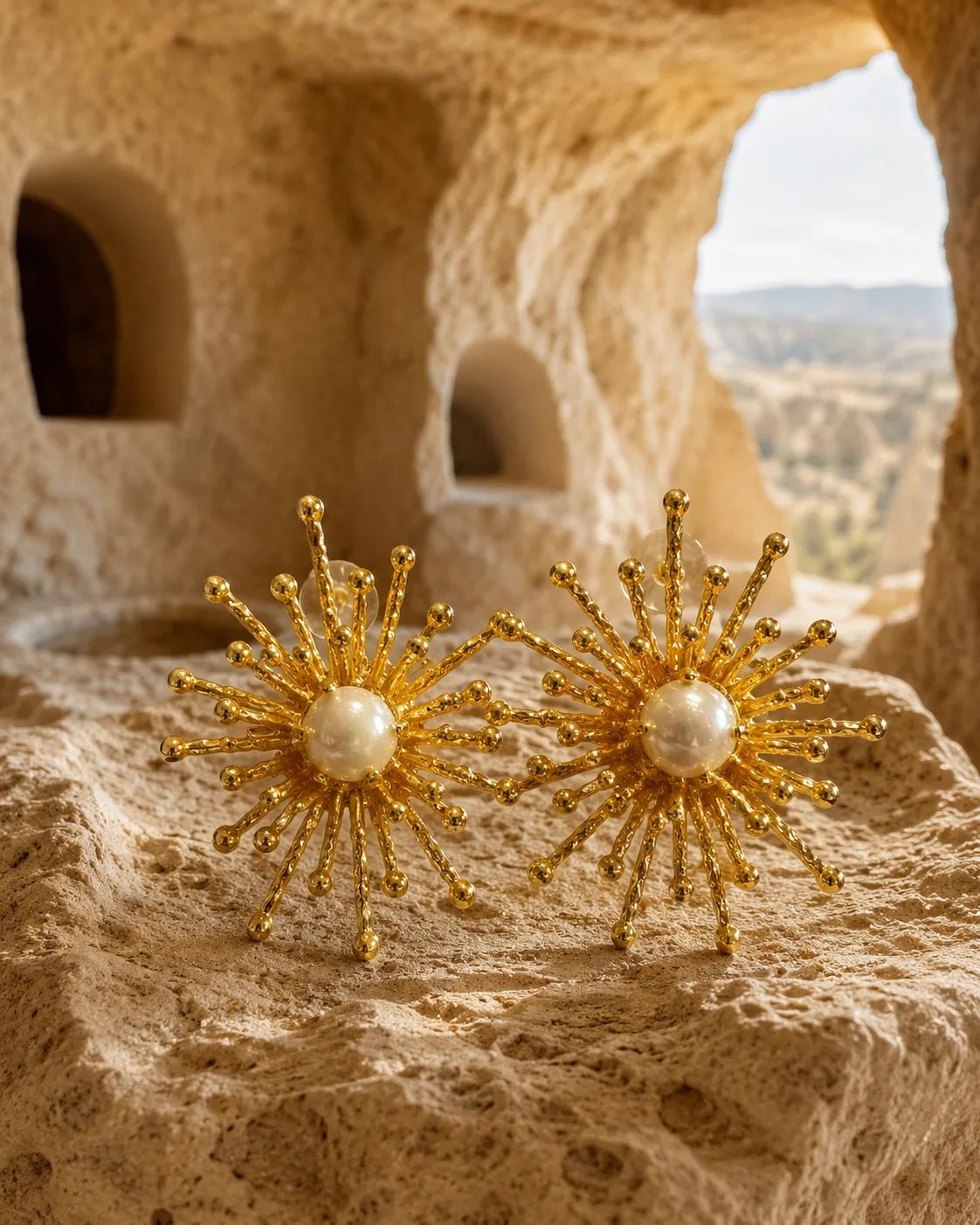 Pearl Sunburst Brass Statement Earrings