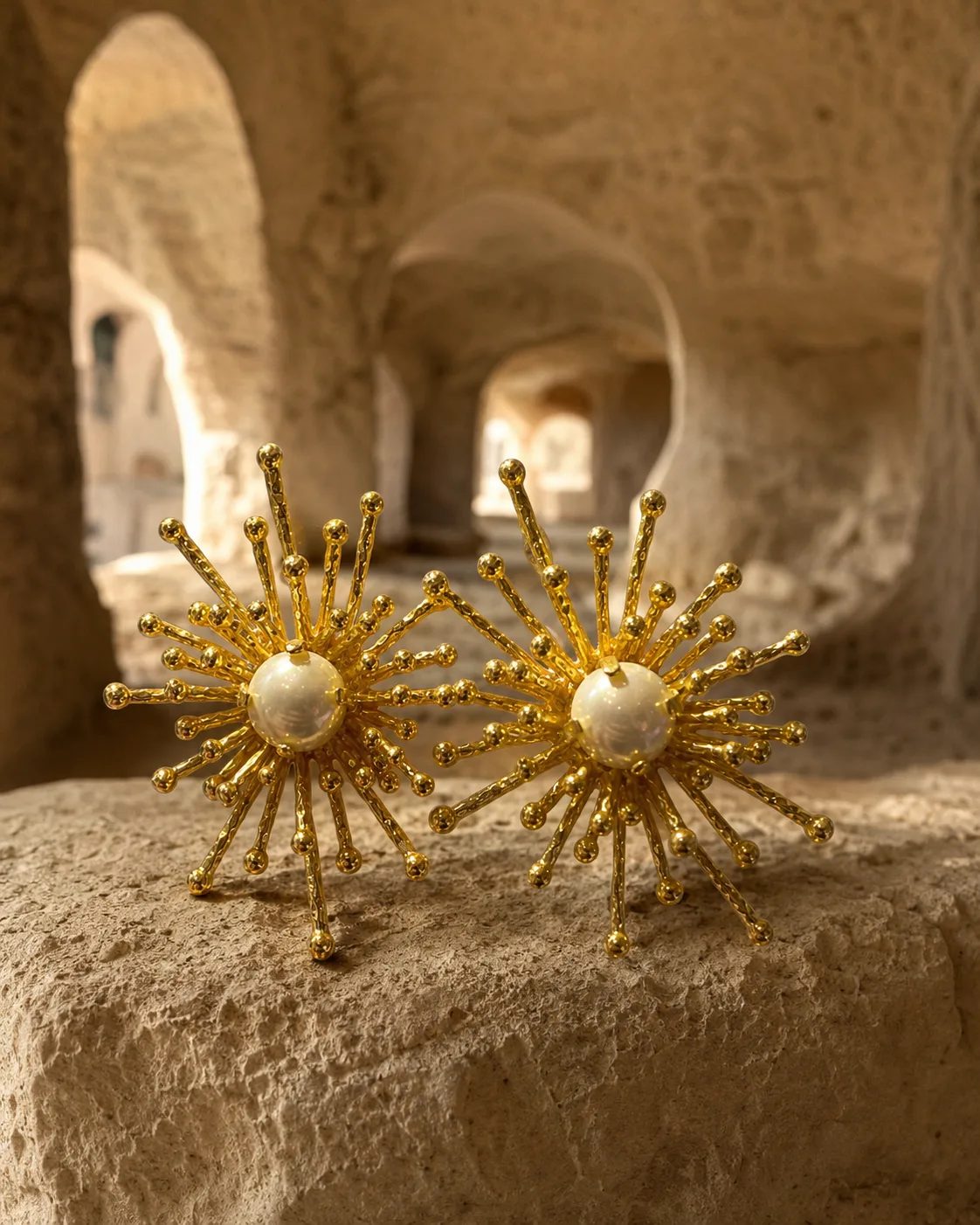 Pearl Sunburst Brass Statement Earrings