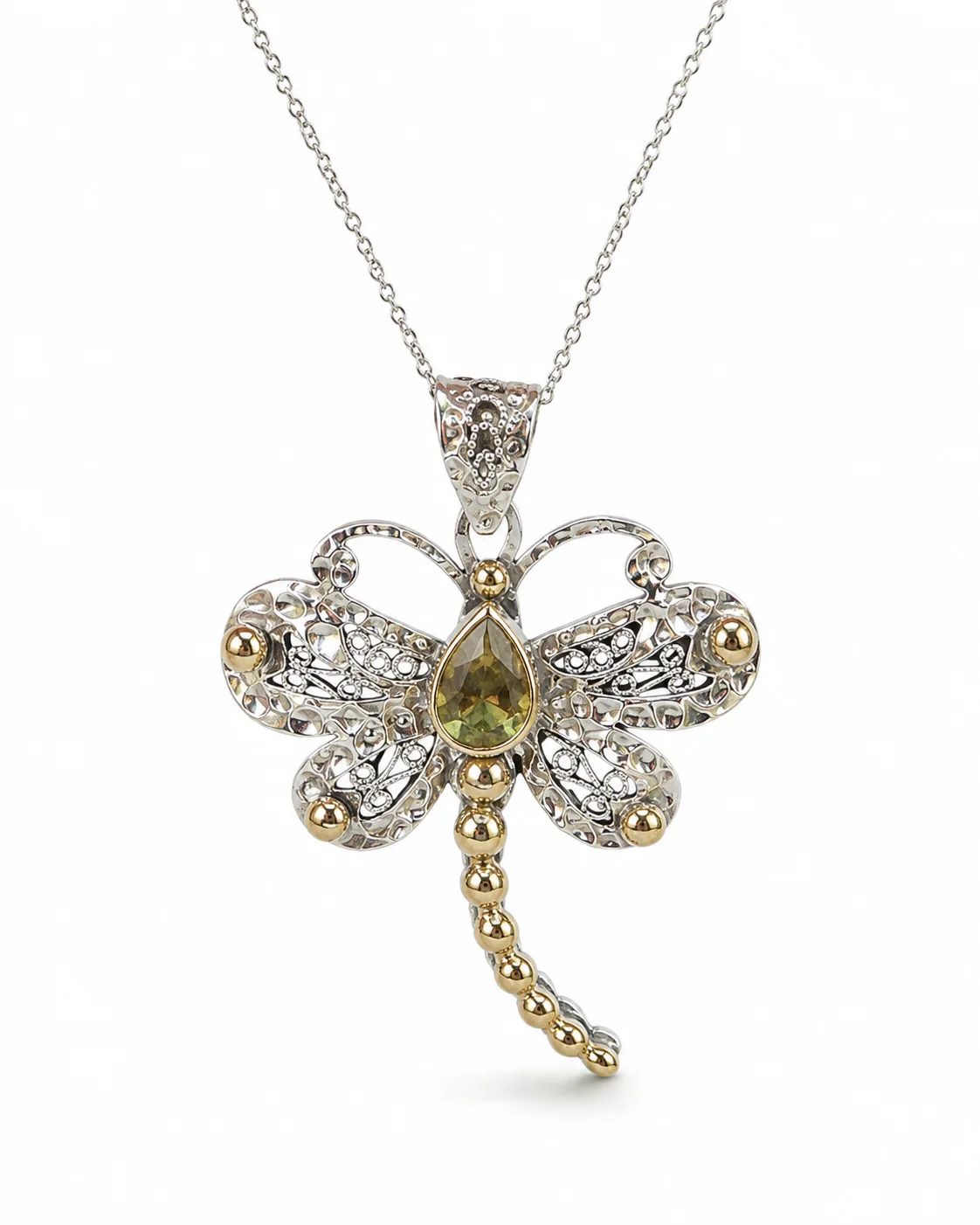 Zultanite dragonfly sterling silver pendant necklace with a pear-cut green gemstone, filigree wings and bronze-toned bead accents