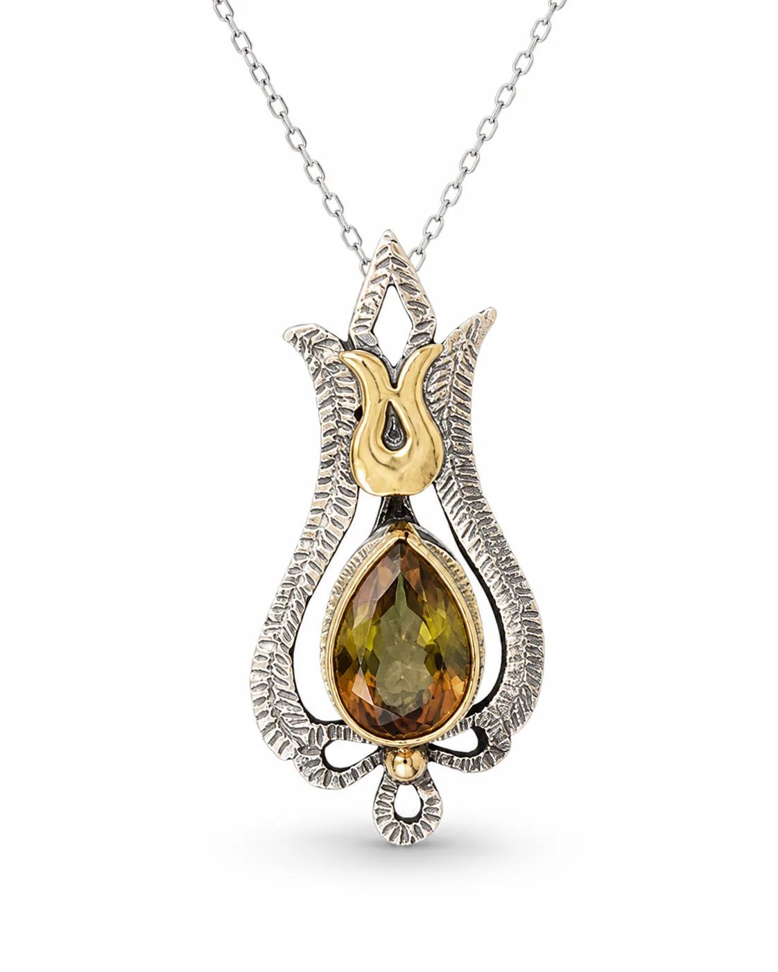 Zultanite sterling silver tulip pendant necklace with a large pear-cut color-changing gemstone, bronze accents and textured floral silver details