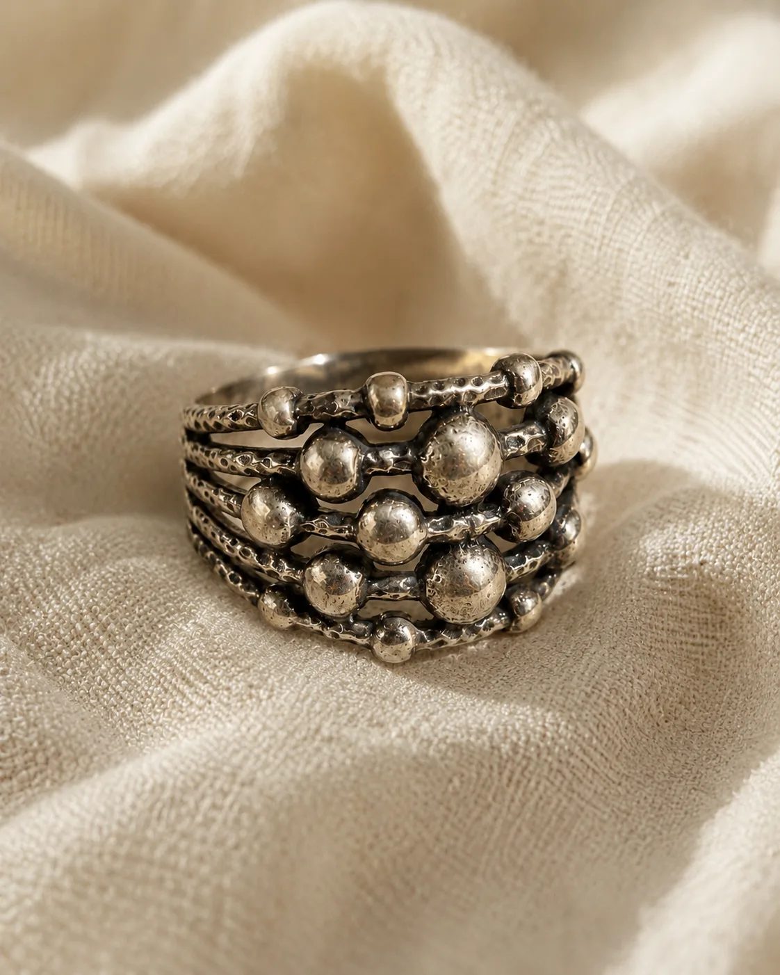 Domed Bead Multi-Row Textured Silver Ring — Rings — Image 1