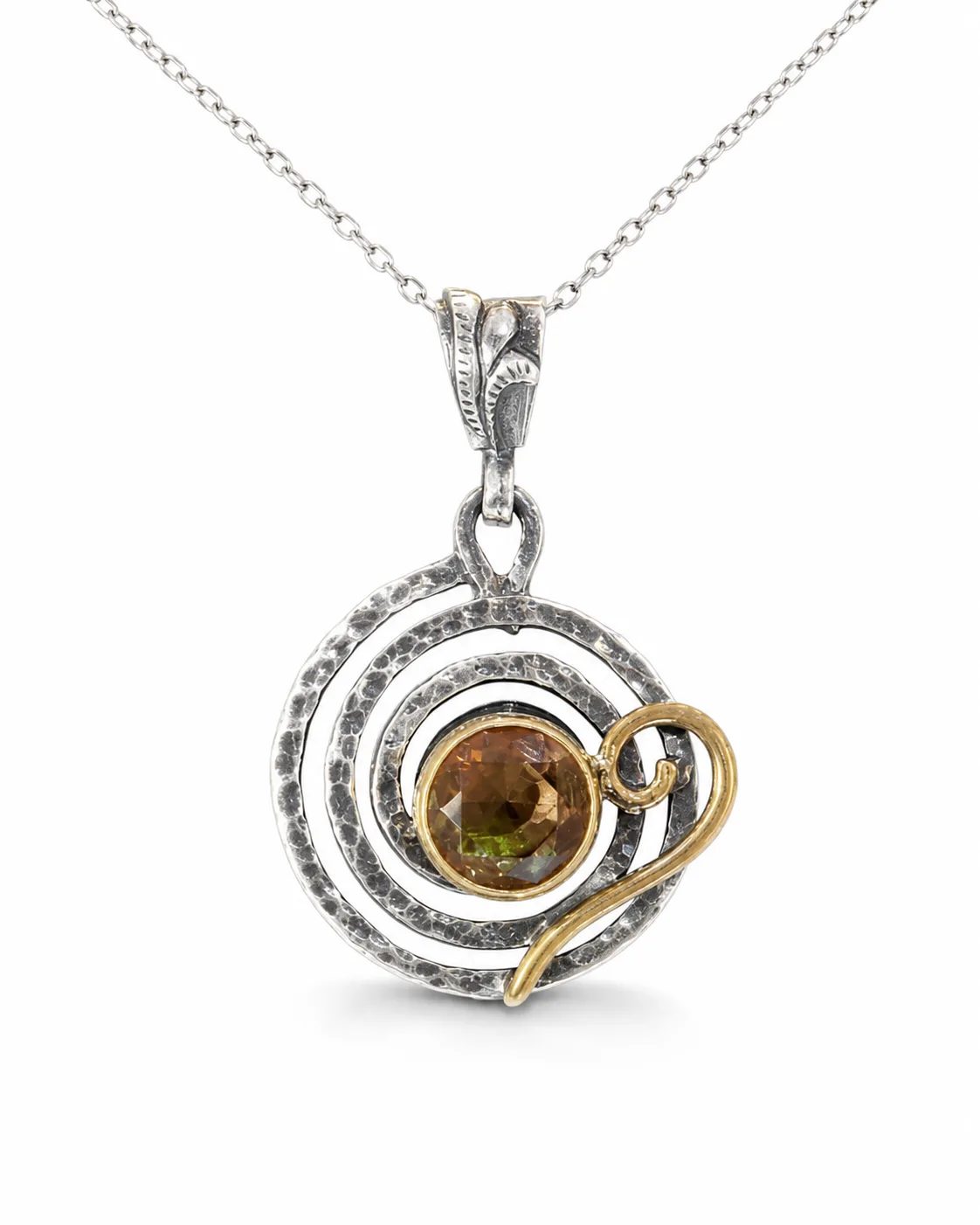 Round zultanite sterling silver spiral pendant necklace with bronze details and faceted color-changing gemstone