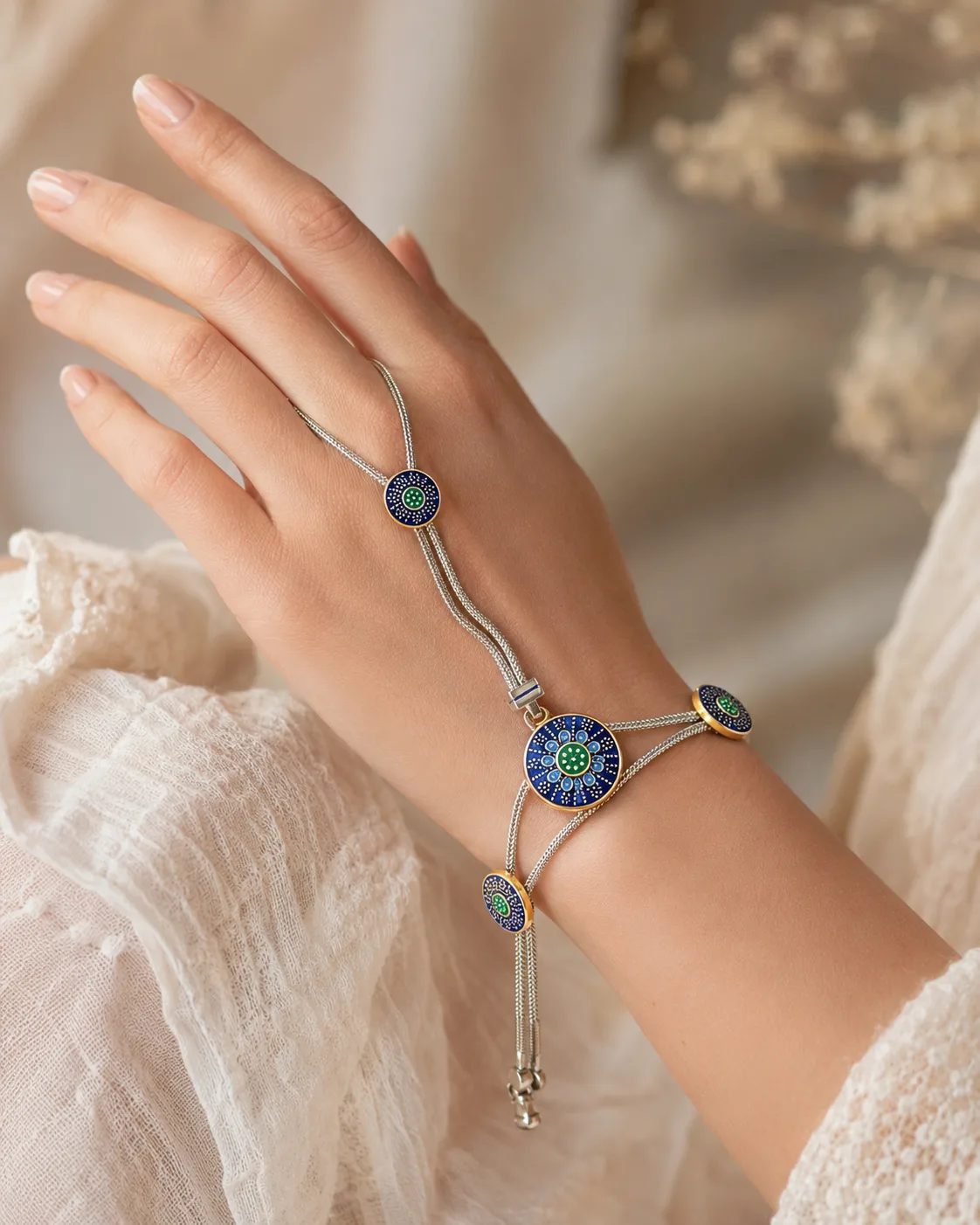 Blue Evil Eye Silver-Tone Hand Chain Bracelet — sahmeran-4