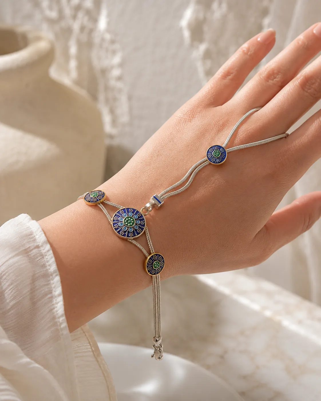 Blue Evil Eye Silver-Tone Hand Chain Bracelet — sahmeran-3