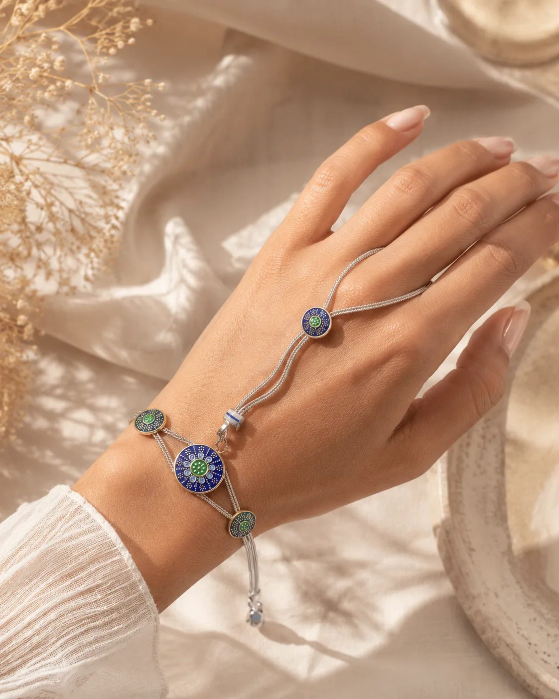 Blue Evil Eye Silver-Tone Hand Chain Bracelet — sahmeran-2