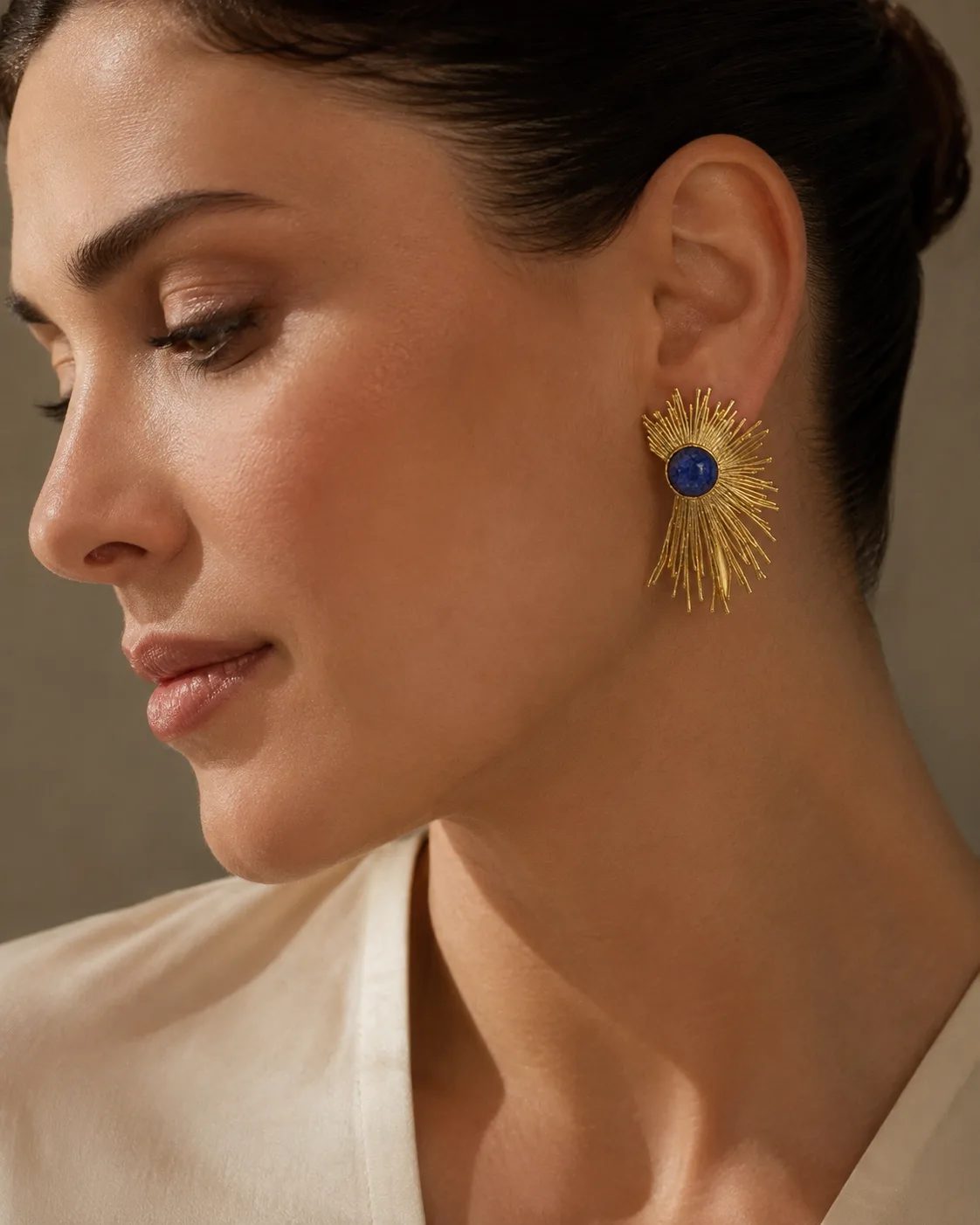Lapis Lazuli Gold Plated Brass Sunburst Statement Earrings