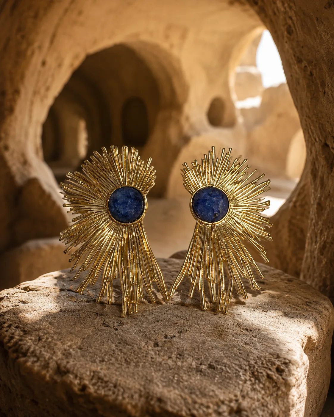 Lapis Lazuli Gold Plated Brass Sunburst Statement Earrings