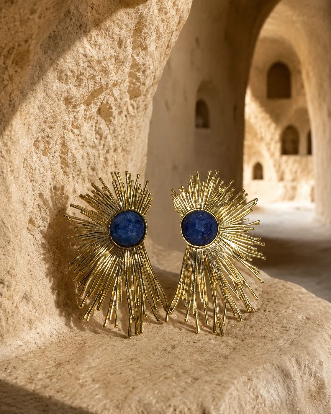 Lapis Lazuli Gold Plated Brass Sunburst Statement Earrings