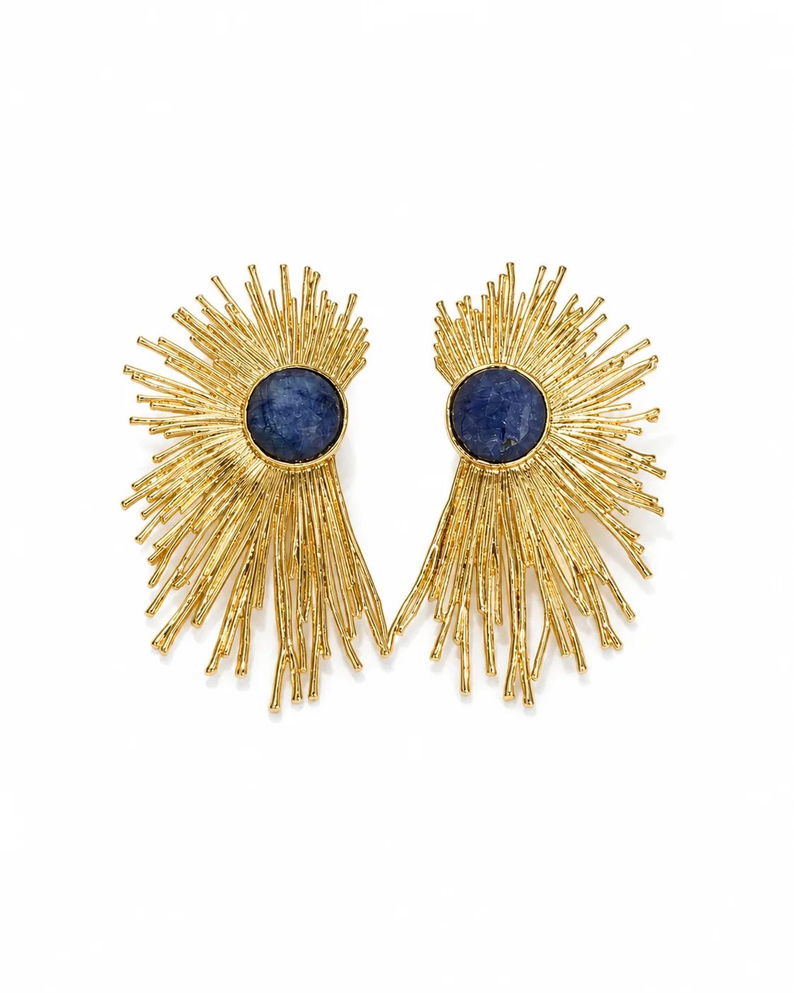 Lapis lazuli gold-plated brass sunburst statement earrings with round deep blue gemstone centers and radiating gold details