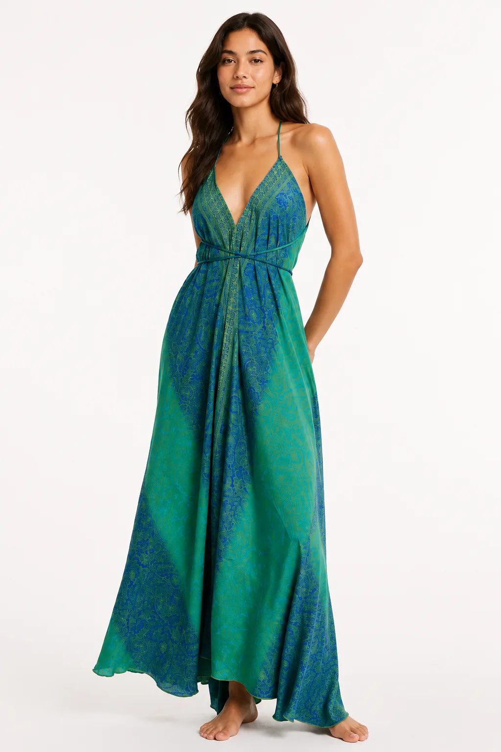 Azure Oasis turquoise and cobalt silk maxi dress front view