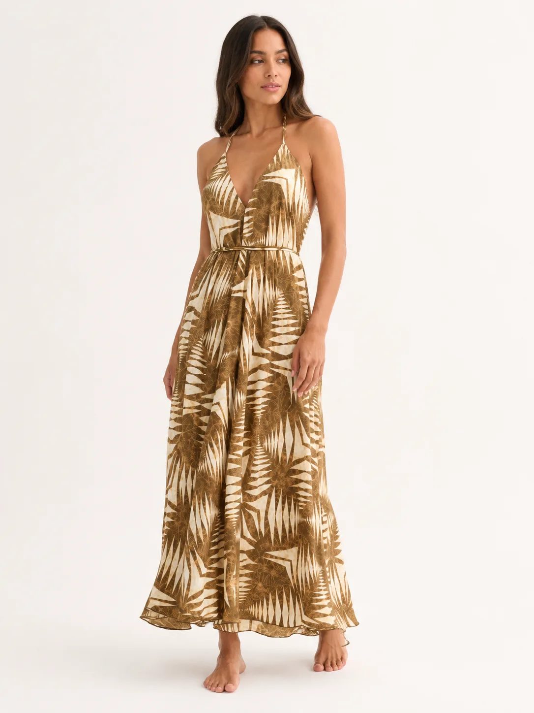Golden Palm brown and ivory tropical maxi dress front view