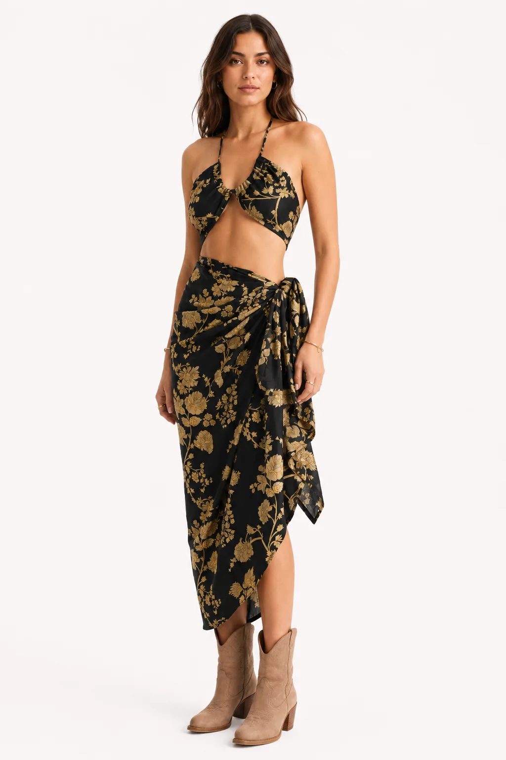 Noir Jardin black and gold silk two-piece women’s set front view