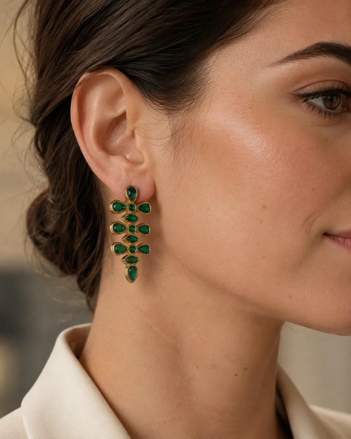 Emerald Gold Plated Brass Floral Statement Earrings