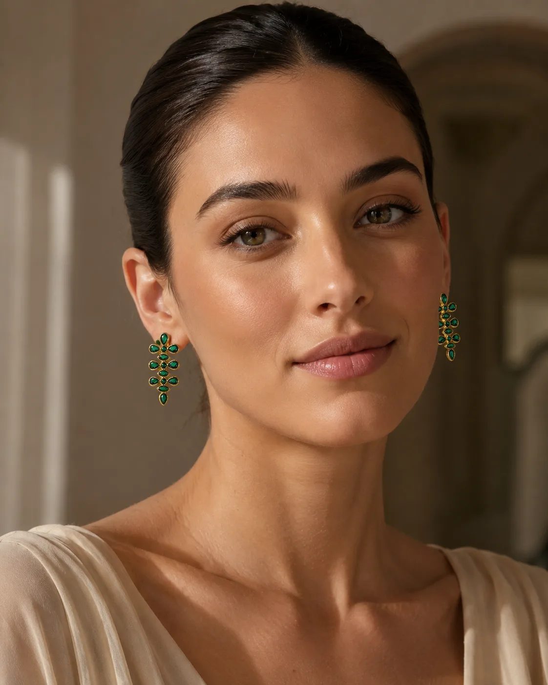 Emerald Gold Plated Brass Floral Statement Earrings