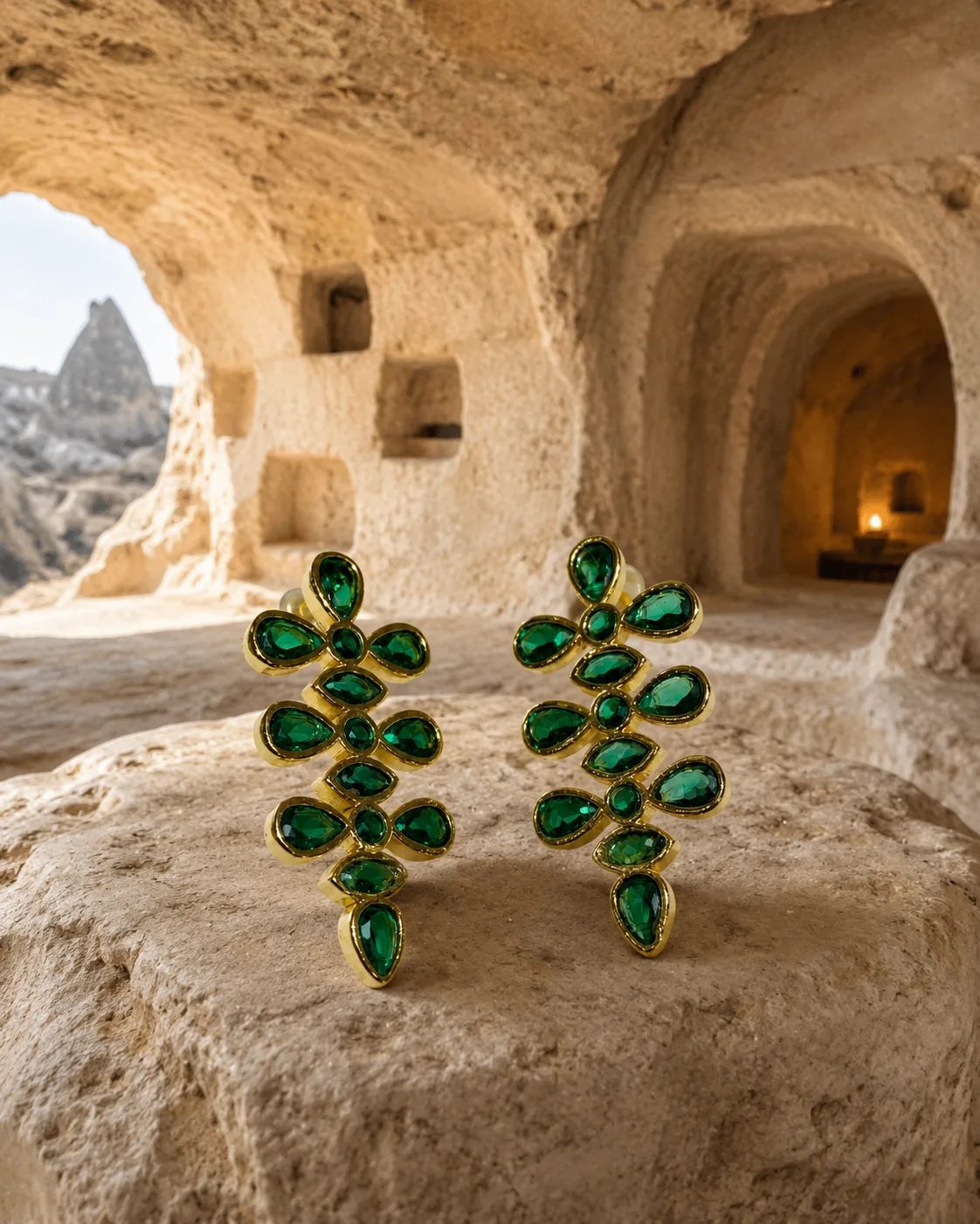 Emerald Gold Plated Brass Floral Statement Earrings