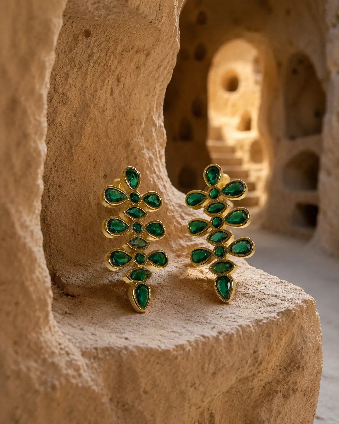 Emerald Gold Plated Brass Floral Statement Earrings