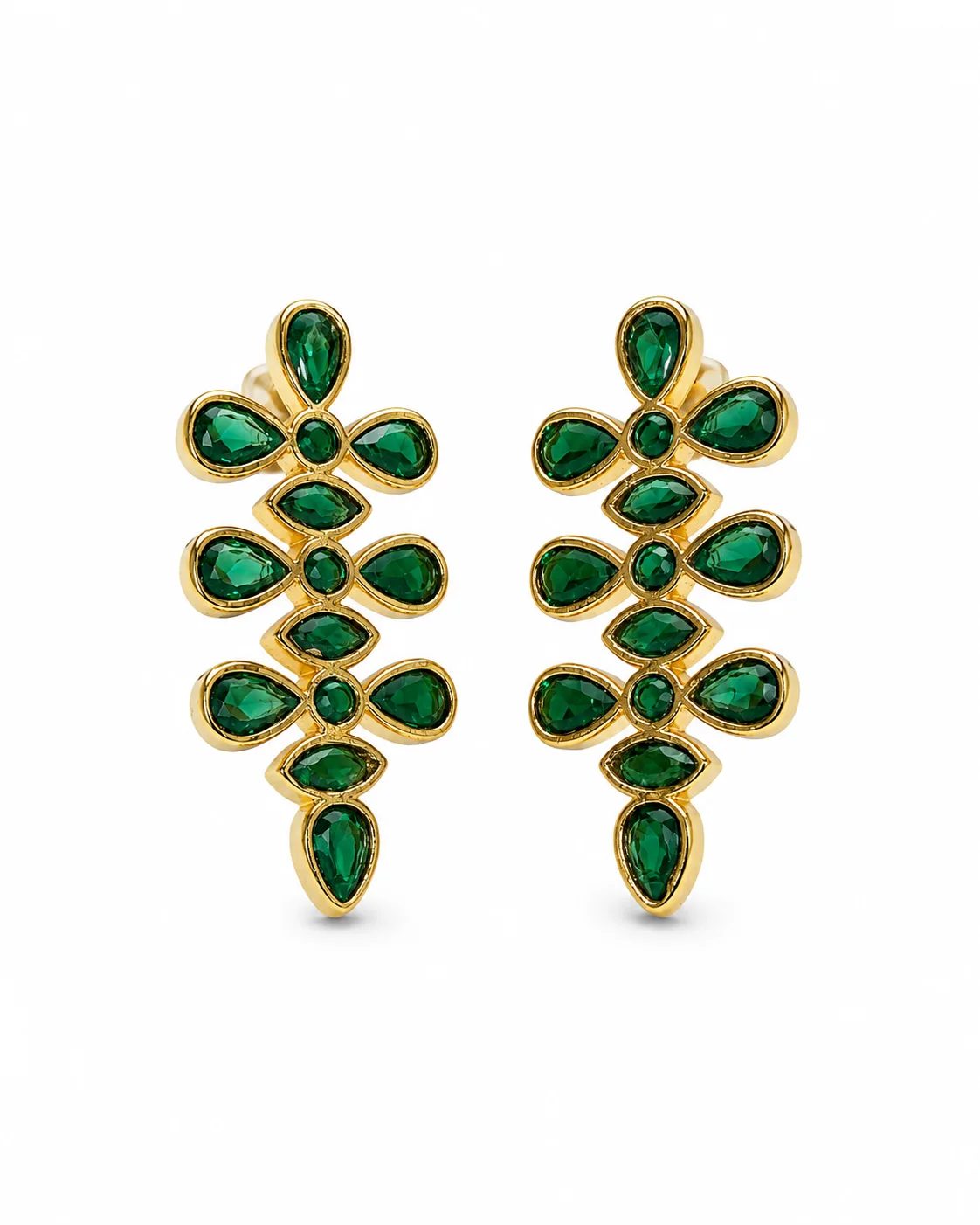 Emerald gold-plated brass floral statement earrings with faceted pear, marquise and round green gemstones