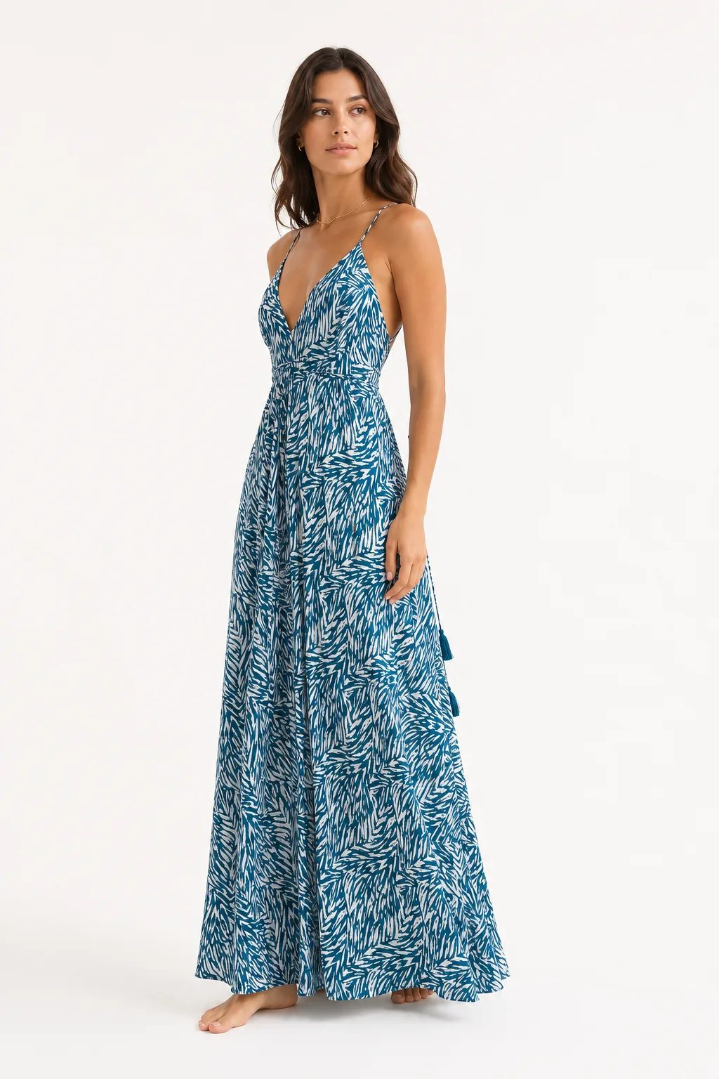Blue maxi dress with deep V neckline and defined waist