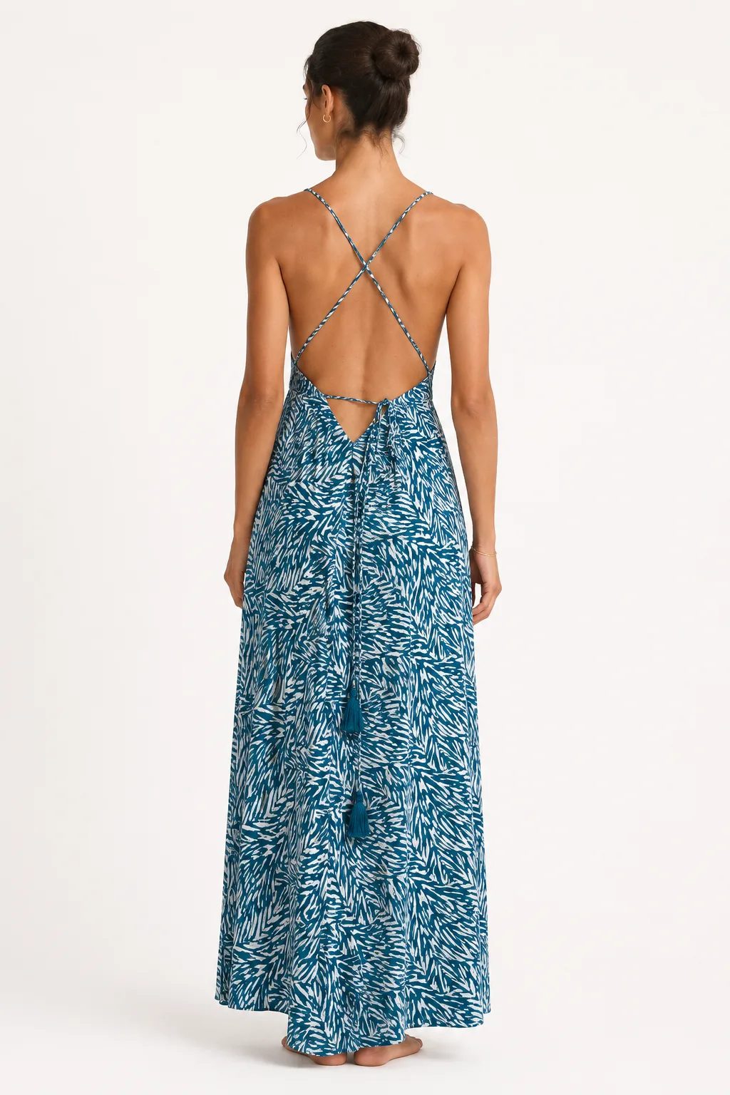 Blue and white dress with crisscross back straps