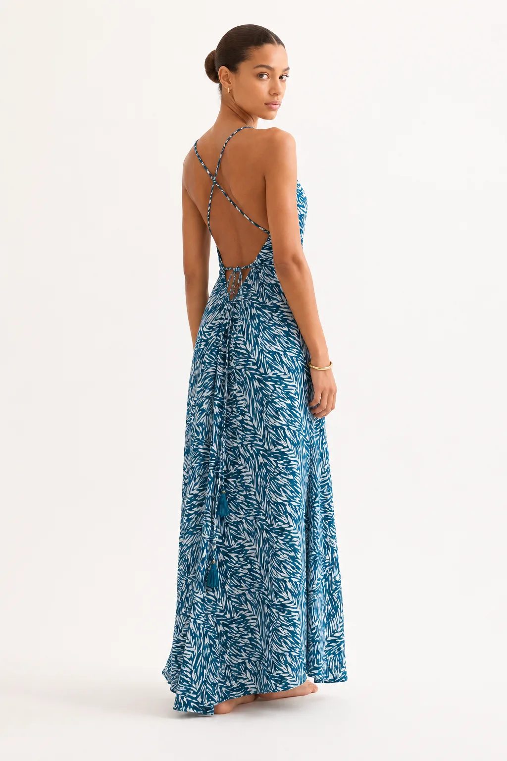 Blue Current maxi dress rear view with tassel ties