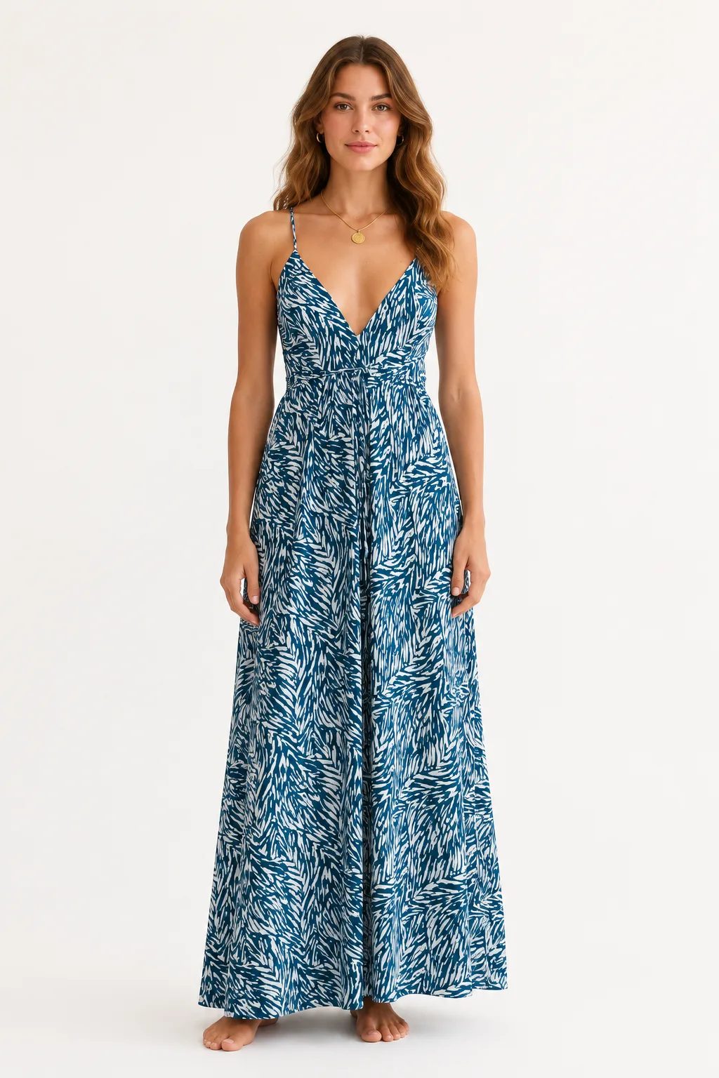 Blue Current blue and white abstract maxi dress front view