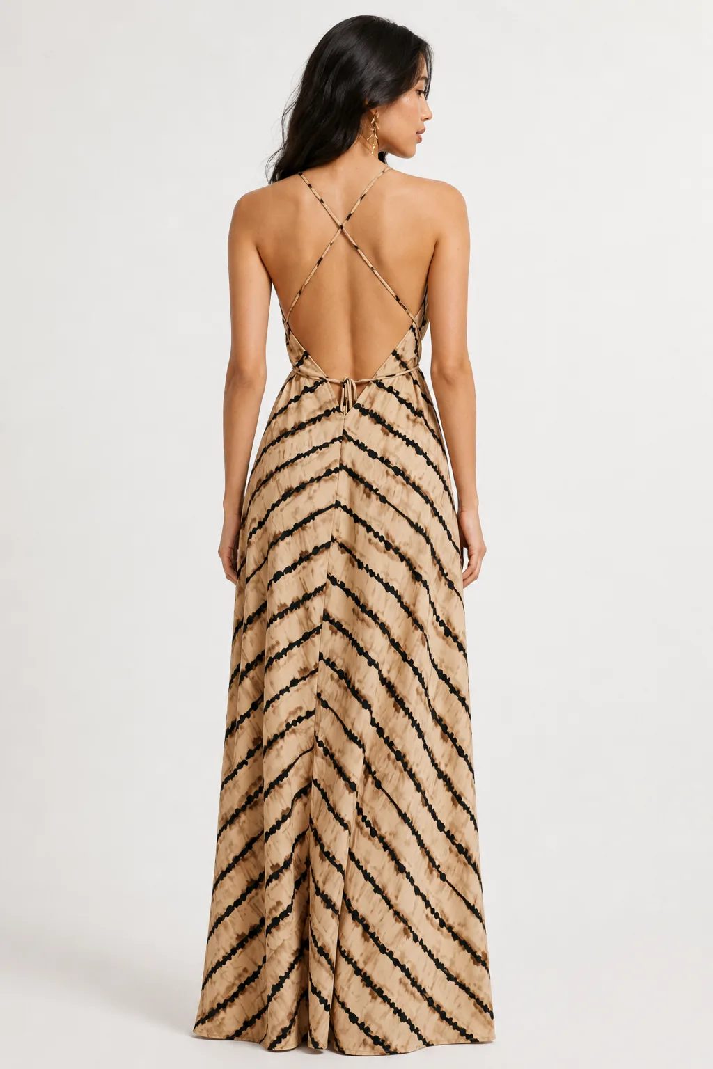 Beige striped maxi dress with crisscross back straps
