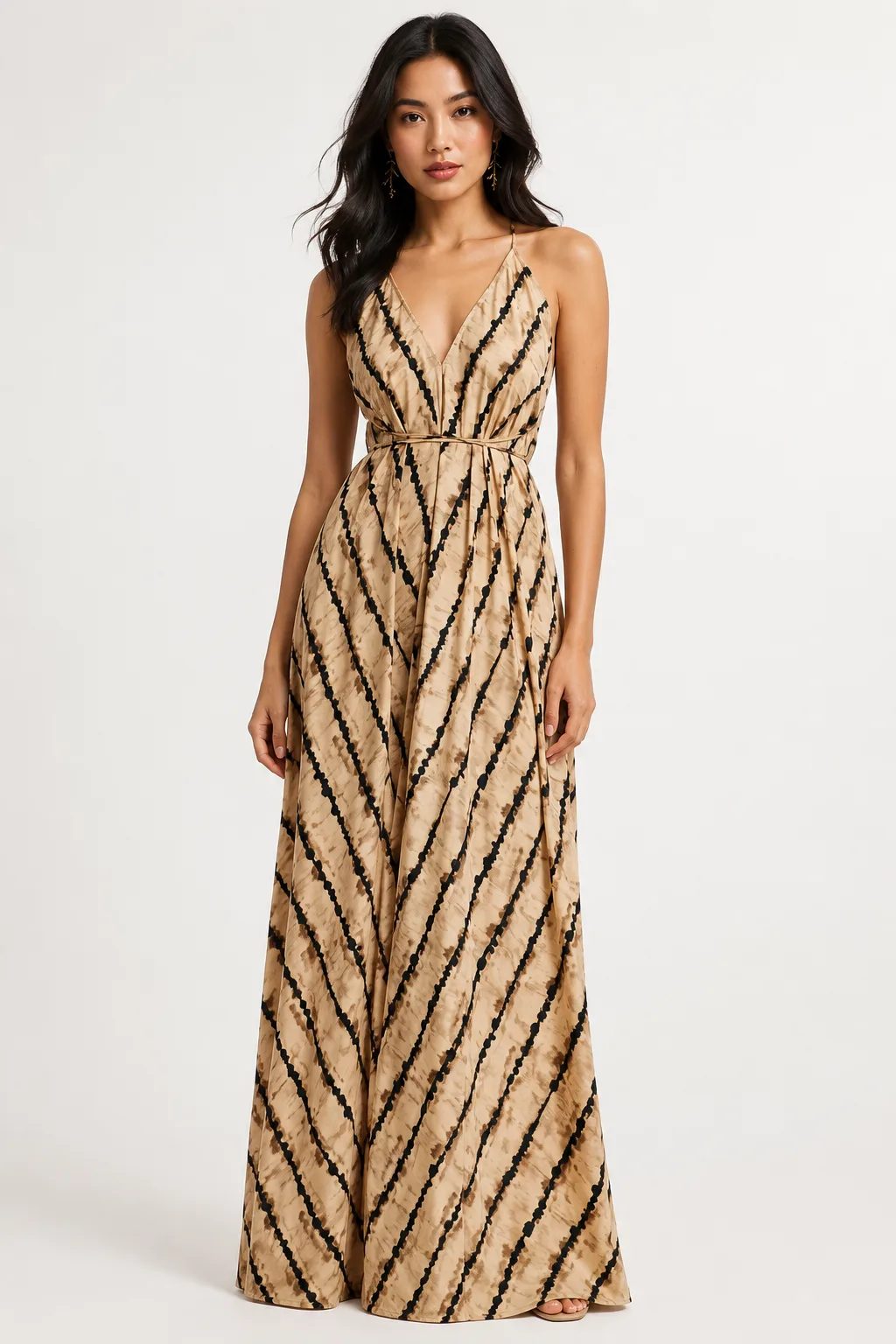 Desert Veil beige and black striped maxi dress front view