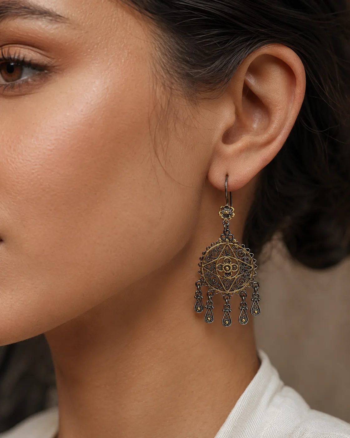 Mandala Sterling Silver Chandelier Earrings with Gold Details