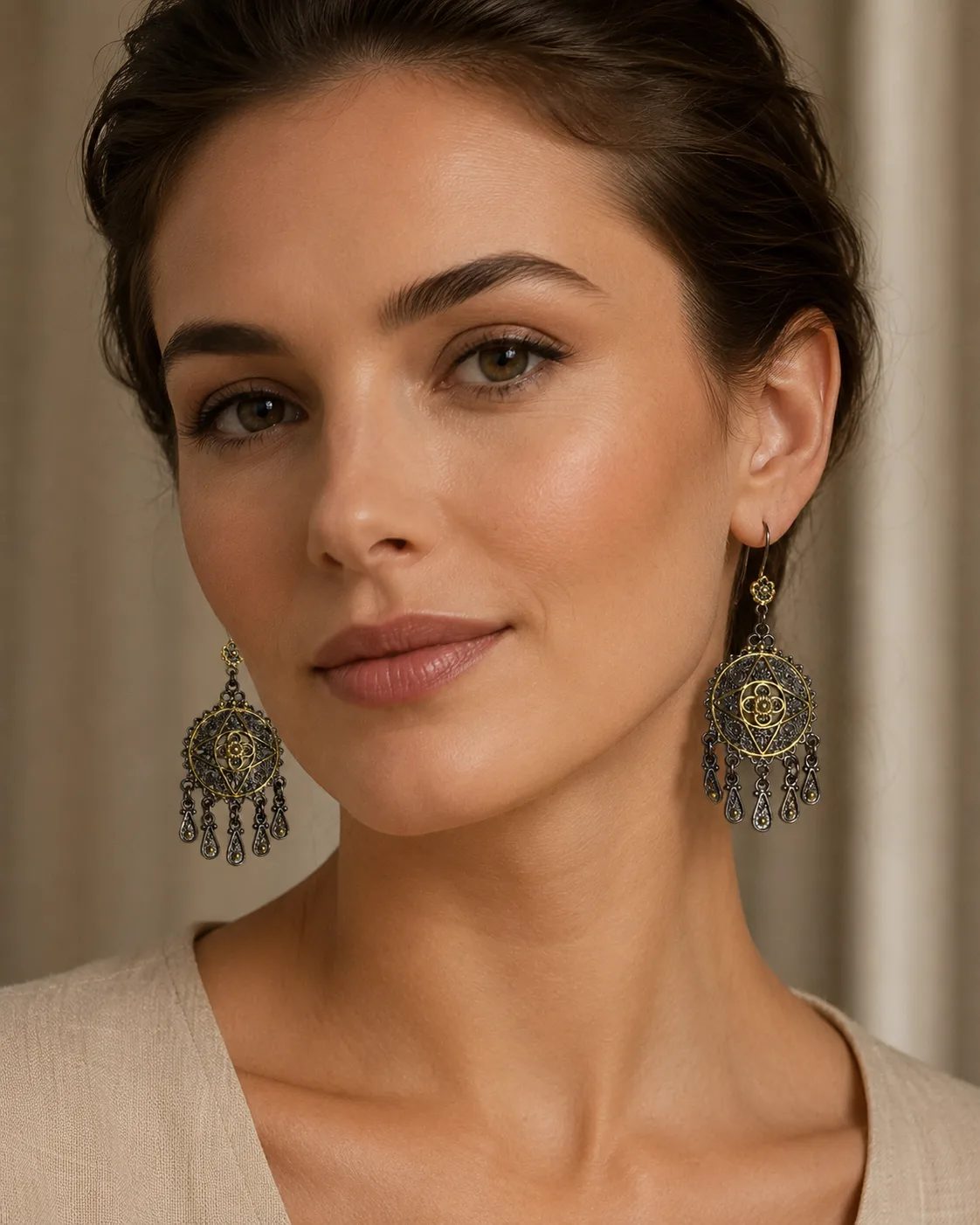 Mandala Sterling Silver Chandelier Earrings with Gold Details