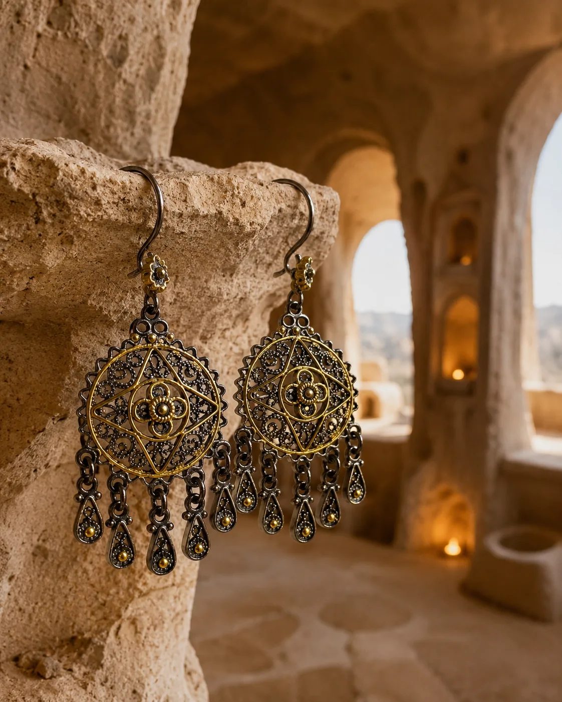 Mandala Sterling Silver Chandelier Earrings with Gold Details
