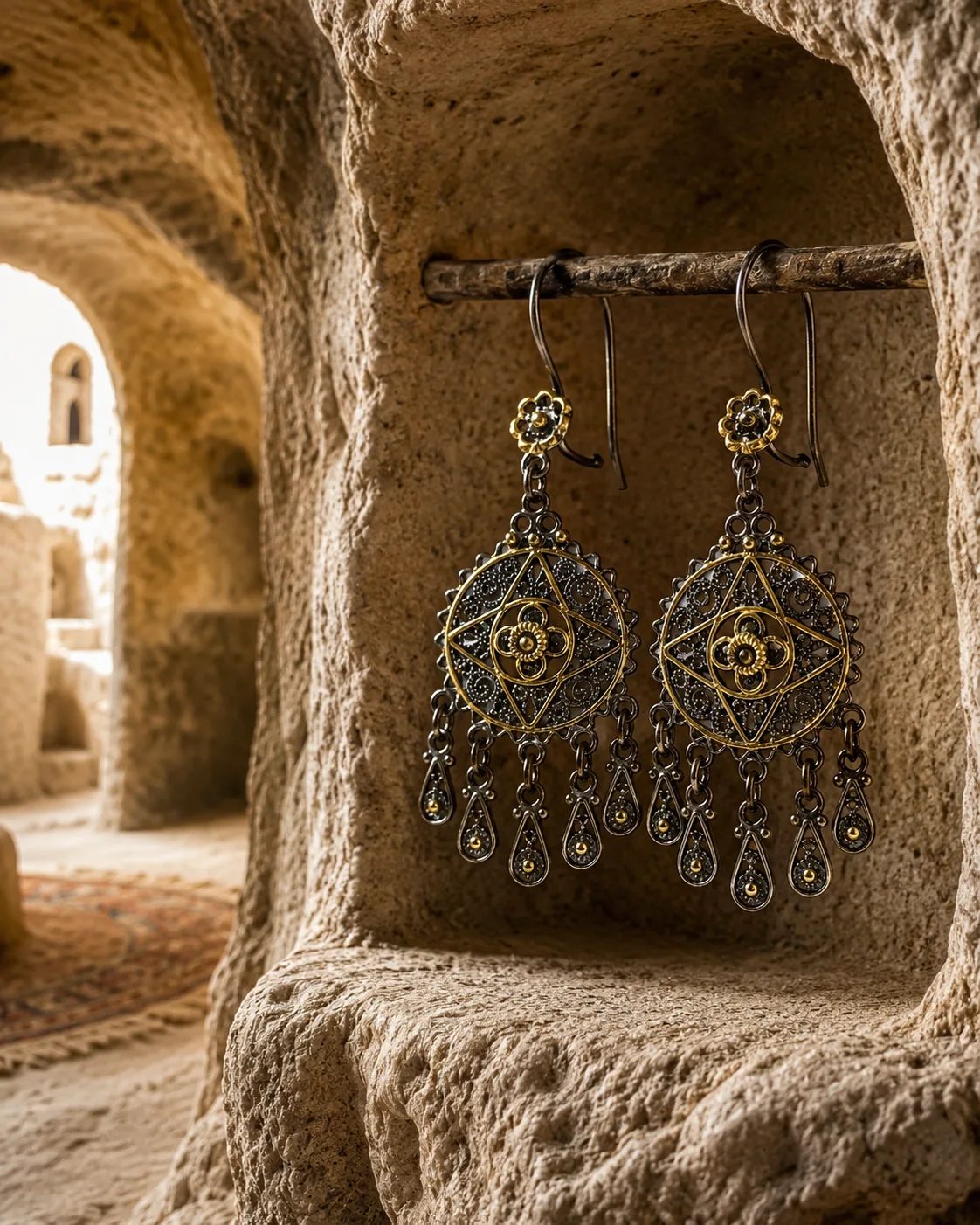 Mandala Sterling Silver Chandelier Earrings with Gold Details