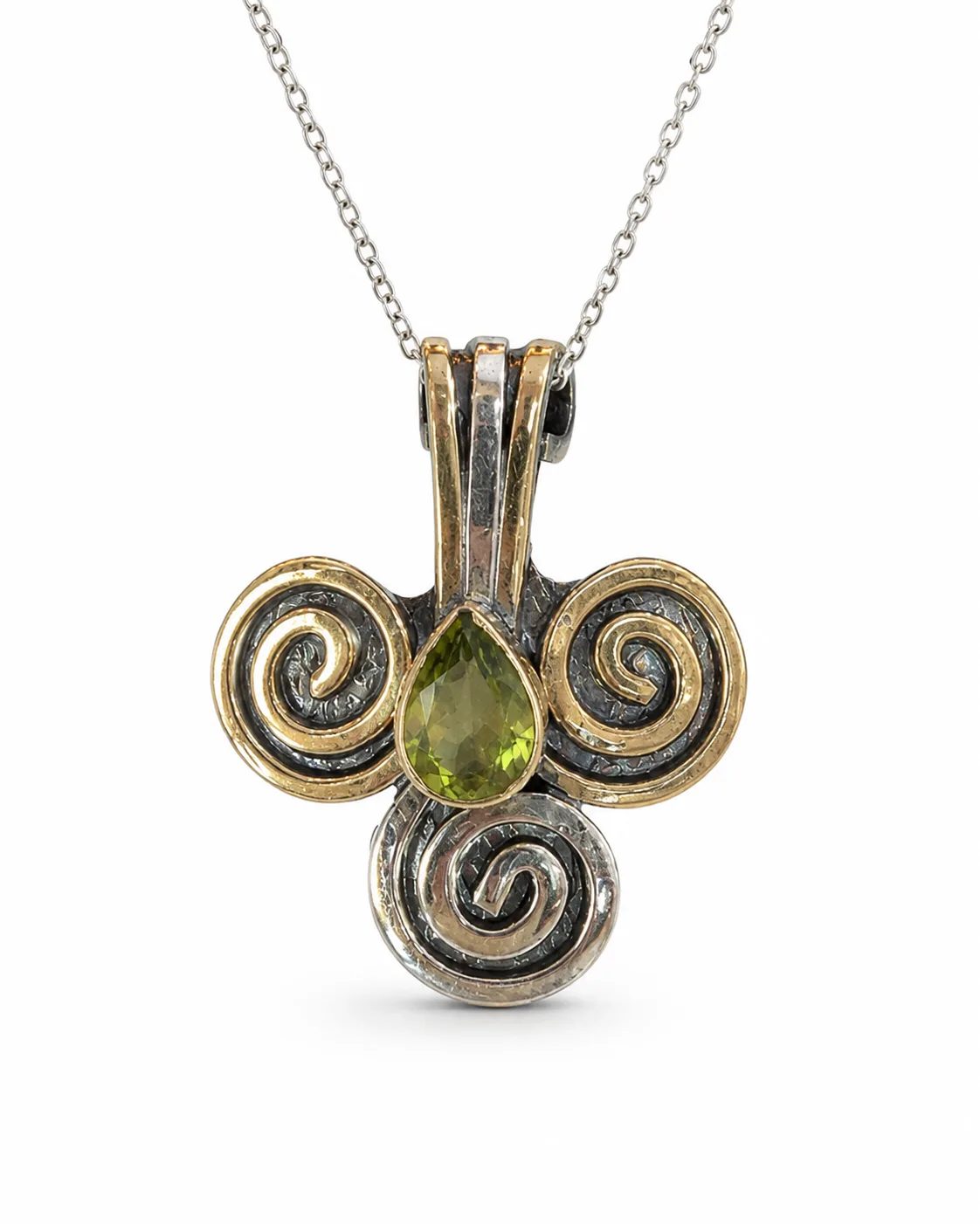 Pear-cut zultanite sterling silver pendant necklace with triple spiral motifs, gold-plated details and oxidized two-tone metalwork