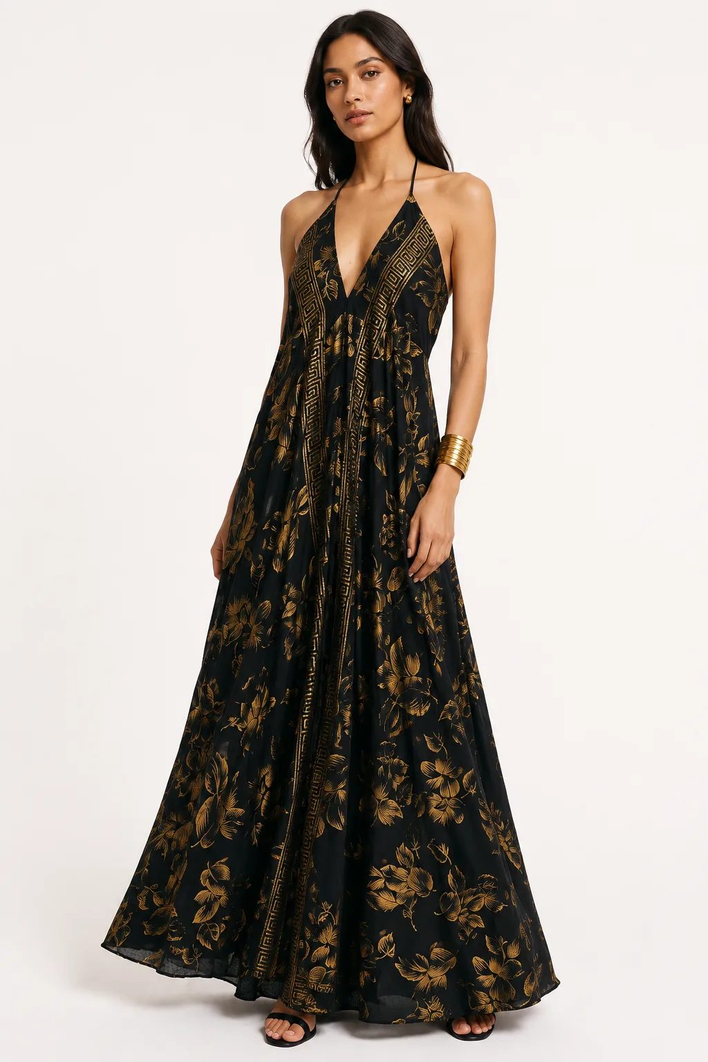 Midnight Aurelia black and gold silk maxi dress front view