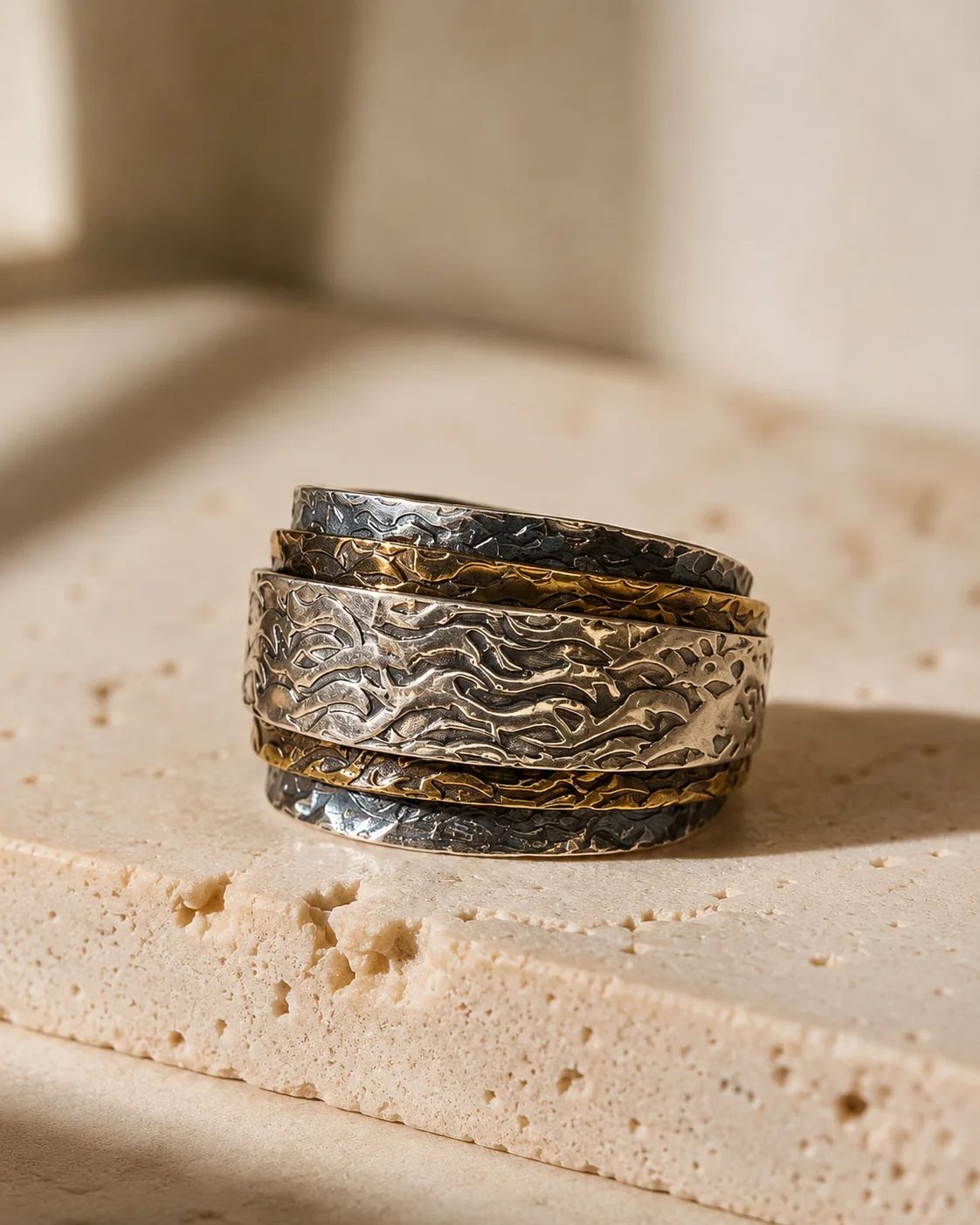 Wide Tiered Silver Band Ring with Copper Lines — Rings — Image 1