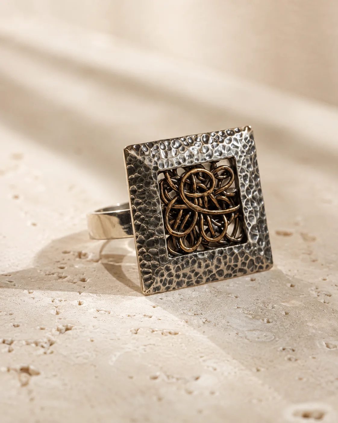 Square Hammered Silver Ring with Copper Knot Centre — Rings — Image 1